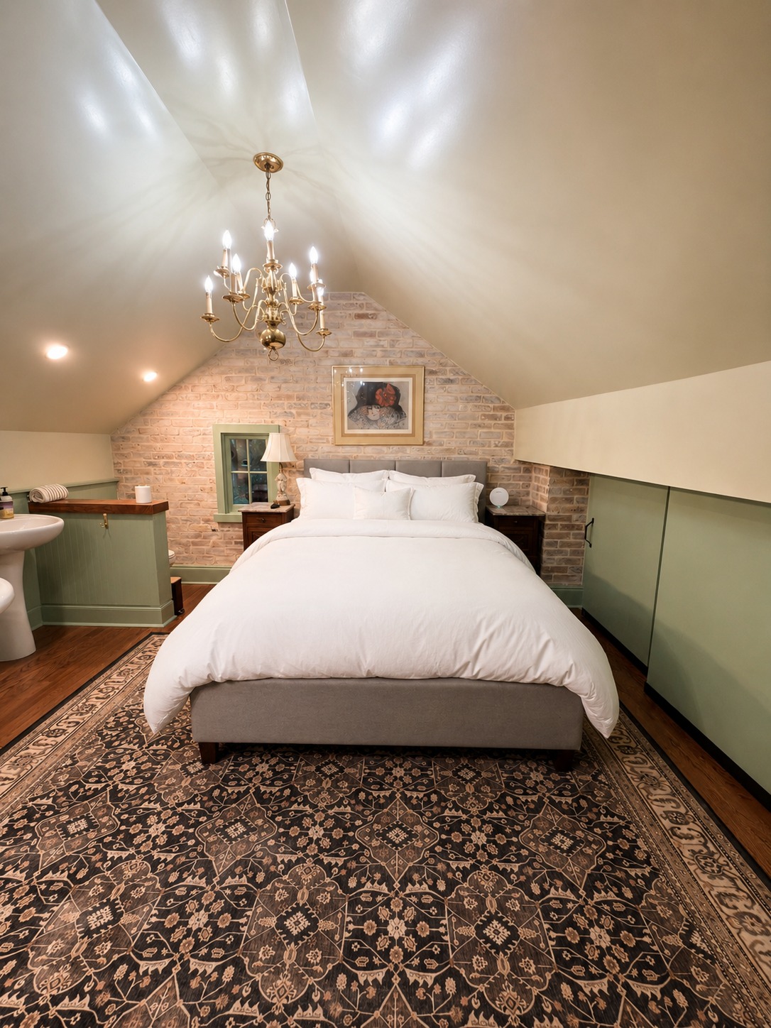 Bedroom beneath a sloped ceiling with exposed brick, chandelier and plush white hotel-style duvet